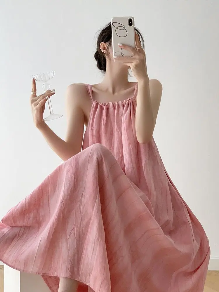 Casual and fashionable pink camisole long dress for women, a summer niche new style temperament dress, easy to match Womenswear Lingerie Comfort Basic