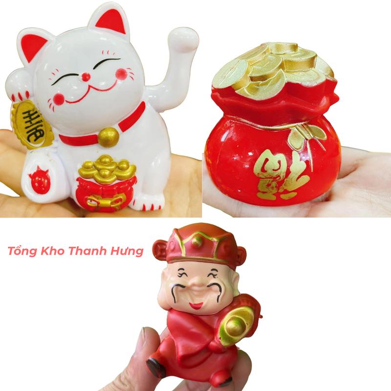 Mua Sỉ 100 Mèo Thần Tài và Ông Thần Tài Hũ Vàng Nhựa trang trí tráp Oản trang trí tháp tài lộc Tết 2026