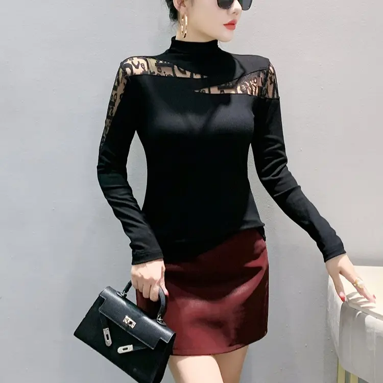 REHIN Áo Thun Cotton Dài Tay Bất Đối Xứng Phong Cách Hàn Quốc Mới Mùa Thu Đông, Dáng Ôm, Áo Nữ Thời Trang Top Women 8