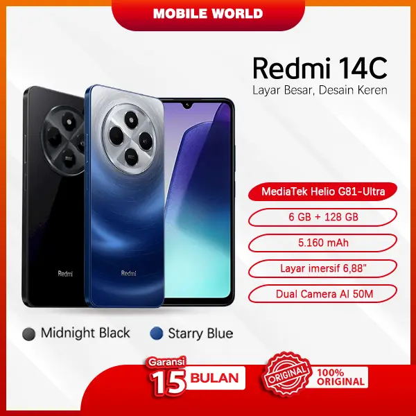 Mobile World Xiaomi Redmi 14C 6 GB/128 GB | Layar 6.88" | Refresh rate 120 Hz | 50 MP dual kamera | Baterai 5.160 mAh 0