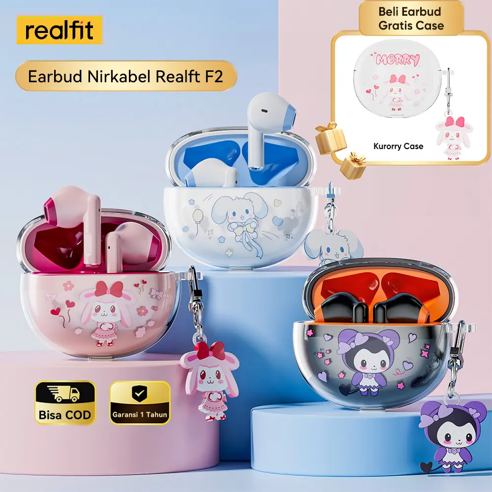 【Beli Earbud Dapatkan  Case Gratis】Realfit F2 TWS True Wireless  Earbuds Bluetooth 5.3  Bass Pencocokan multiwarna Playtime Sepanjang 28 Jam Headset with Cute Case