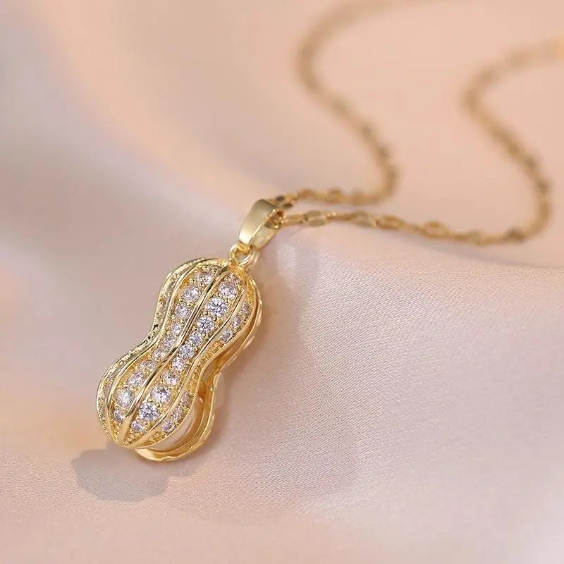 Kalung Titanium Anti Karat Liontin Kacang Berlian Mewah Aksesoris Wanita Fashion Elegan dan Unik