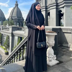 Jesi Achmad Adiva Set Gamis Dress Abaya Syari Lengan Brukat Bahan Ceruty Mix Lembut Mewah untuk Umroh Haji & Lebaran Kombinasi Motif Brukat