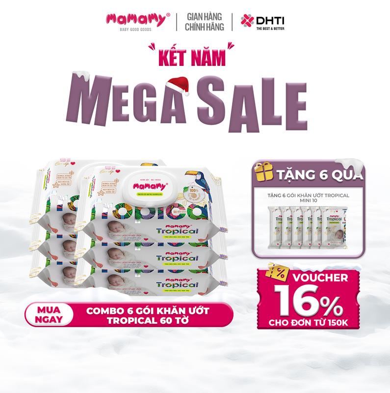 MUA 6 TẶNG 6 MUA 6 gói khăn ướt Mamamy Tropical 60 tờ không hương thơm TẶNG 6 gói khăn ướt Mamamy Tropical mini 10 tờ không hương thơm