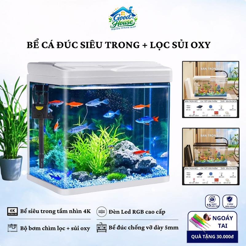 Bể cá mini để bàn siêu trong có nắp trọn bộ đèn, máng lọc, máy lọc sủi oxy cho…