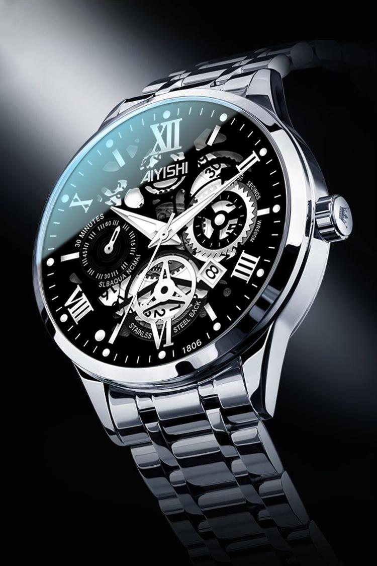 AIYISHI jam tangan pria jam tangan pria tahan air ori  Tahan Air 30 Meter Mesin Kuarsa Otomatis Bahan Stainless Steel jam analog Garansi 2 Tahun jam tangan pria casual Kaca Jam Warna Hitam watch