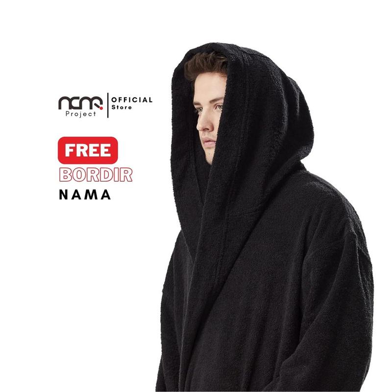 Handuk Kimono Hoodie Bathrobe Black Premium Free Bordir Dewasa 2