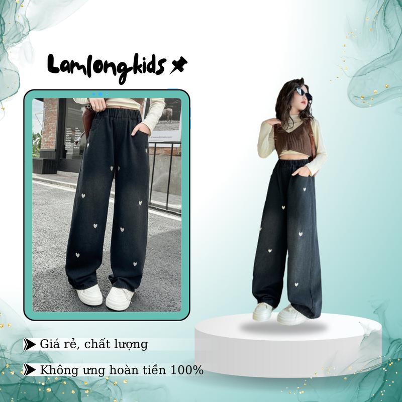 Quần Jean Ống Rộng cho bé , Quần bò Dáng Suông Thêu Tim Trắng Nhỏ Thân Trước Dễ Thương QD1