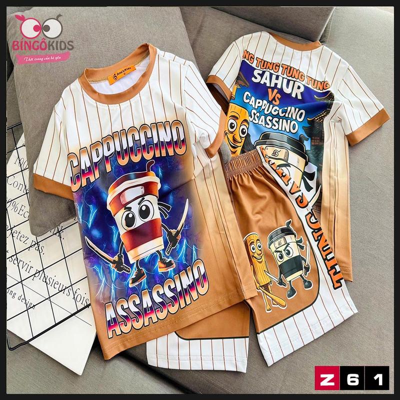 Đồ bộ mặc nhà thun lạnh bé trai tay ngắn quần ngắn họa tiết tung tung tung sahur, brainnot độc đáo