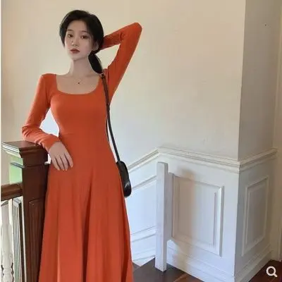 Simple square neck long sleeved solid color dress for women, Korean style fashion temperament, high waist slim fit mid length skirt