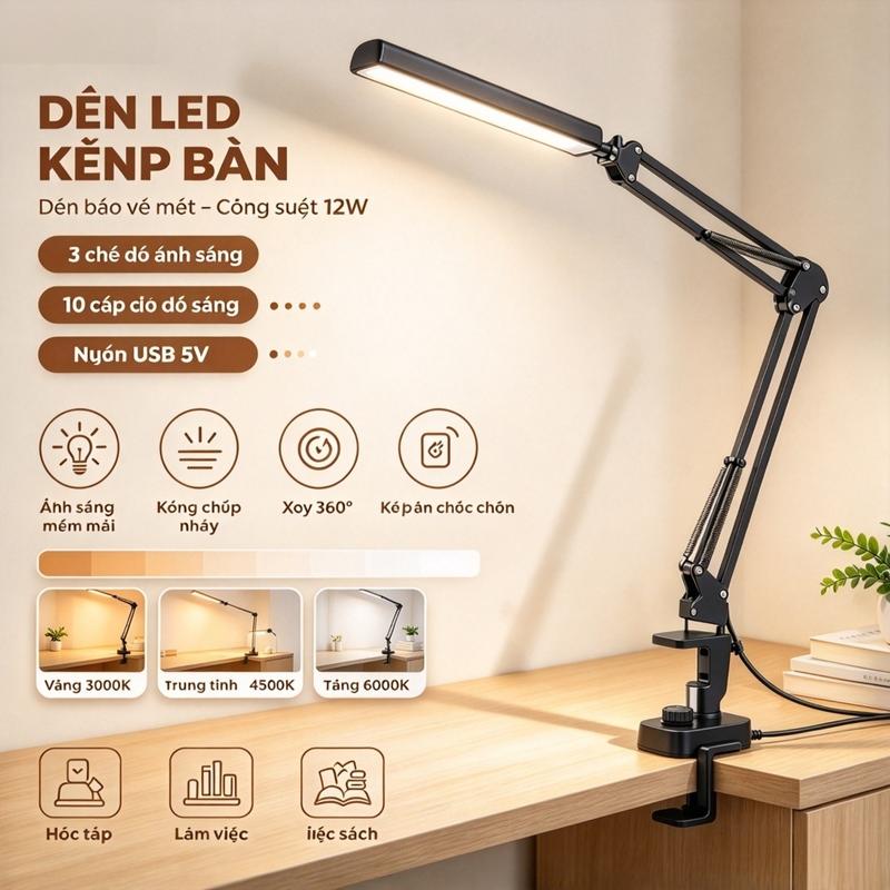 Đèn Học Kẹp Bàn Đèn Bàn Làm Việc Đèn Decor Chống Cận Thị Điều Chỉnh Ánh Sáng 3 Màu Ánh Sáng Bảo hành 12 tháng