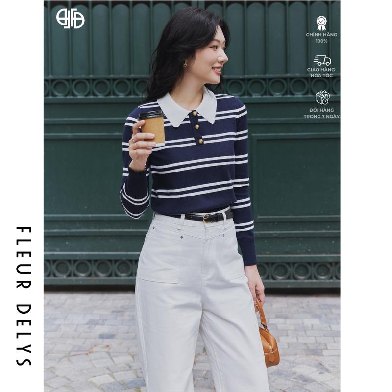 Áo Len Dài Tay Nữ Fleurdelys Màu Xanh Phối Kẻ Trắng DL25ĐAL193 