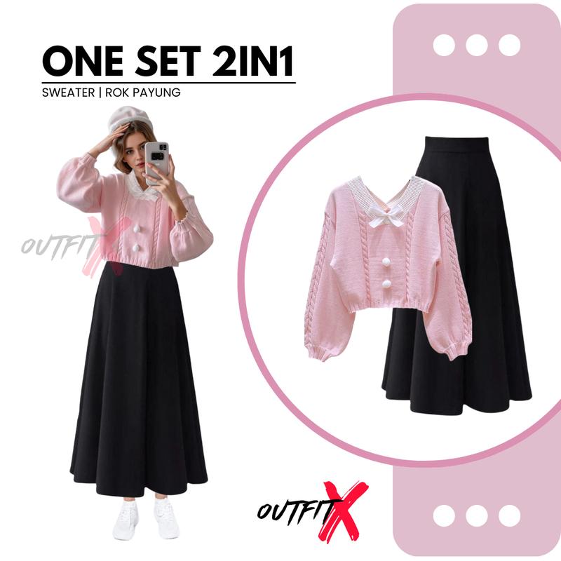 One Set Linna Sweater Rok Payung Setelan Outfit 2in1 OOTD Wanita Kekinian Korea Style 4