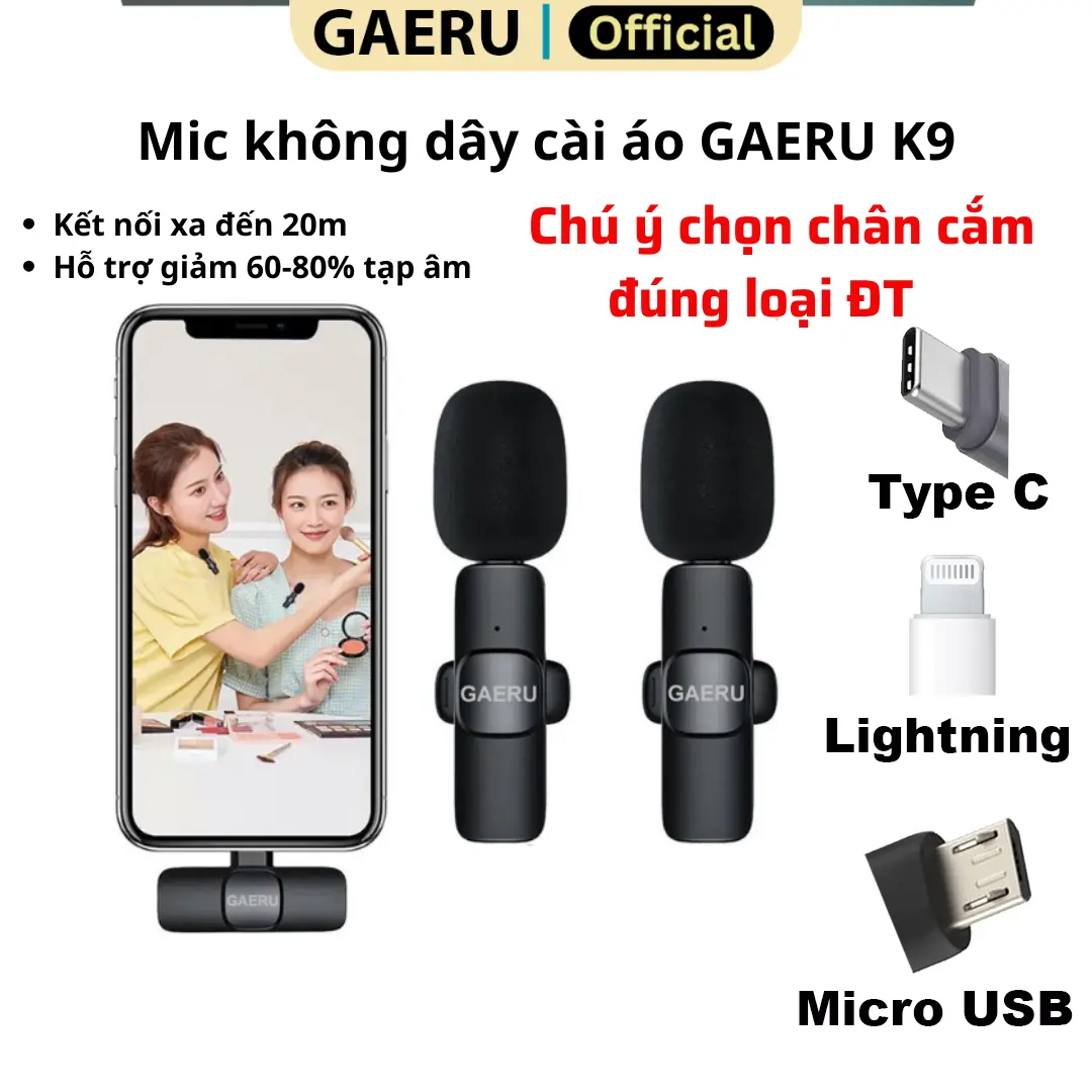 Mic không dây cài áo GAERU K9 lọc giảm tiếng ồn xung quanh, livestream, quay video, ghi âm, cho điện thoại/ máy tính/ laptop [BH 12 tháng] thuam micro  lavalier mic k9