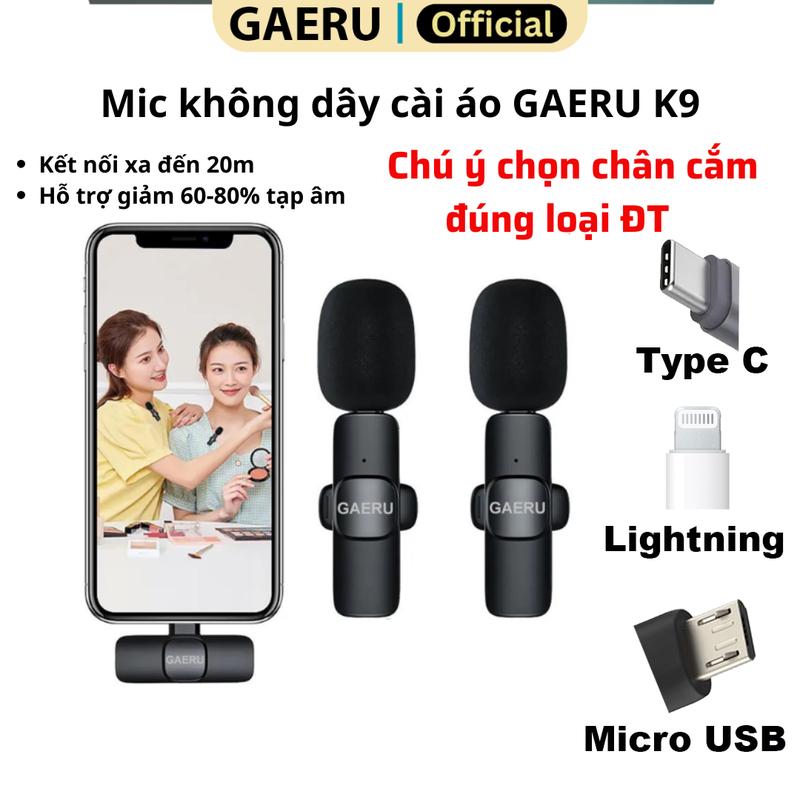 Mic không dây cài áo GAERU K9 lọc giảm tiếng ồn xung quanh, livestream, quay video, ghi âm, cho điện thoại/ máy tính/ laptop [BH 12 tháng] thuam micro  lavalier mic k9