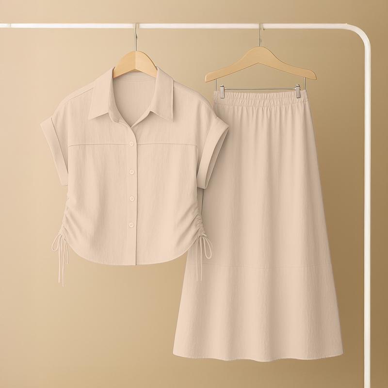 Set bộ chân váy, Set bộ áo sơ mi và chân váy lưng thun dài tới bắp chân, chất liệu đũi tơ xước cao cấp, không co rút