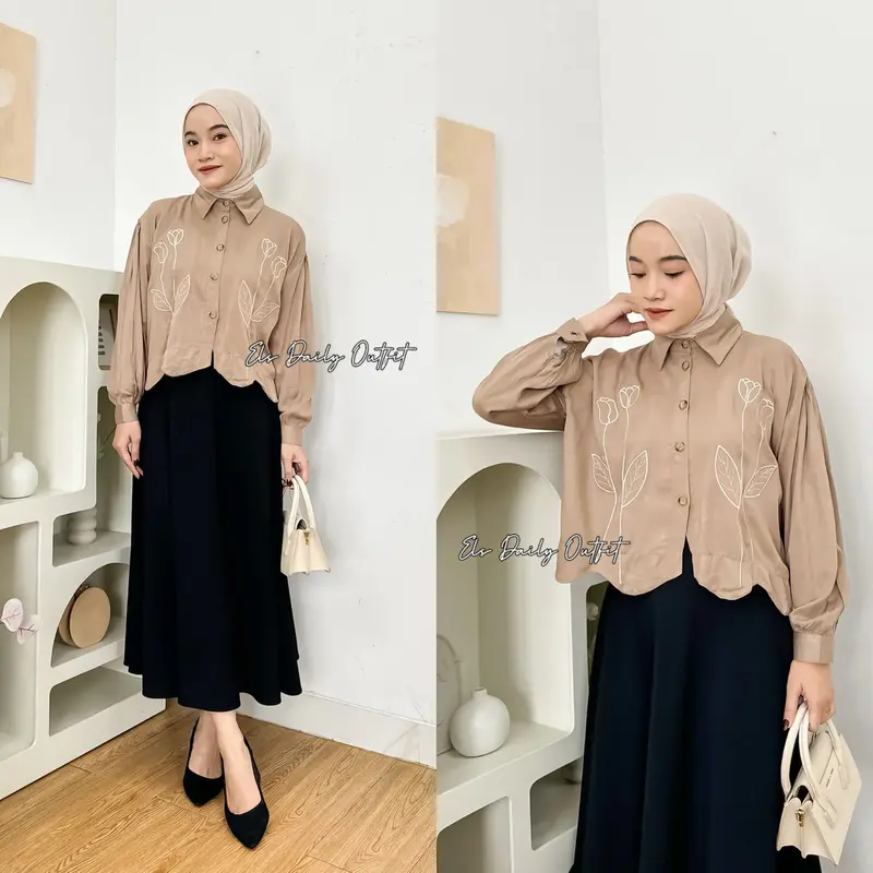 Camary Flower Shirt Kemeja Rayon Twill Bordir Bunga Atasan Wanita Crop Lengan Panjang OOTD Remaja Dewasa Kekinian 1