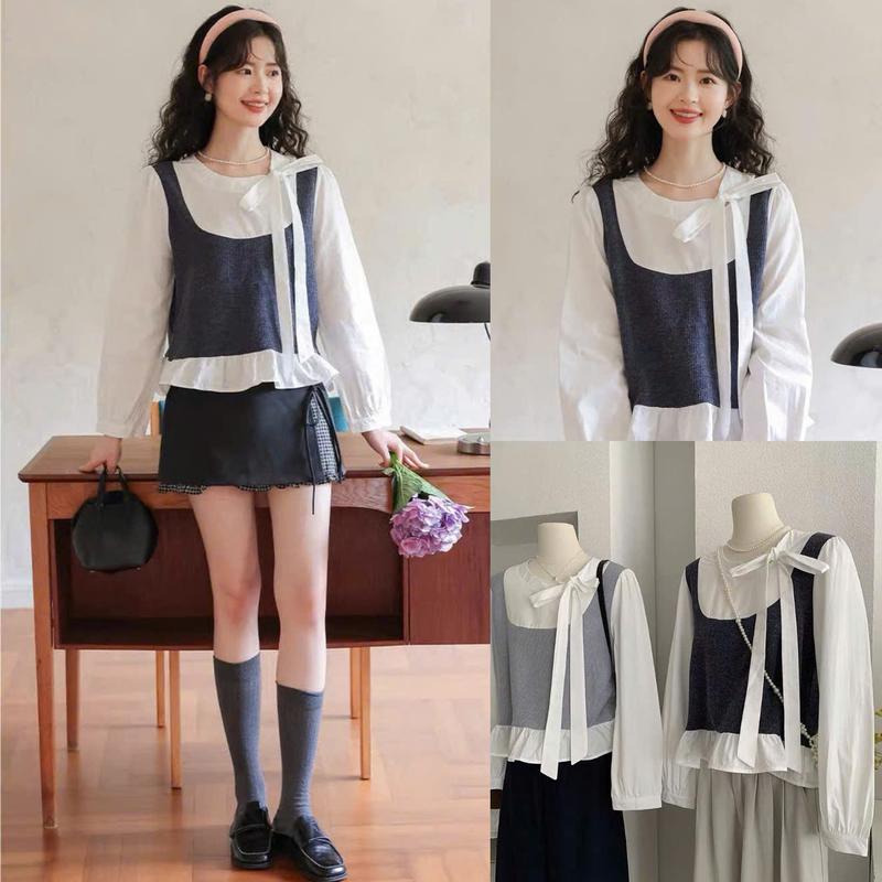 Áo sơ mi nữ A.788 Áo sơ mi dáng lửng cổ tròn thắt nơ chéo tay dài vạt xòe nhẹ phối gile nỉ lông thỏ basic-Shop Chấm Bi