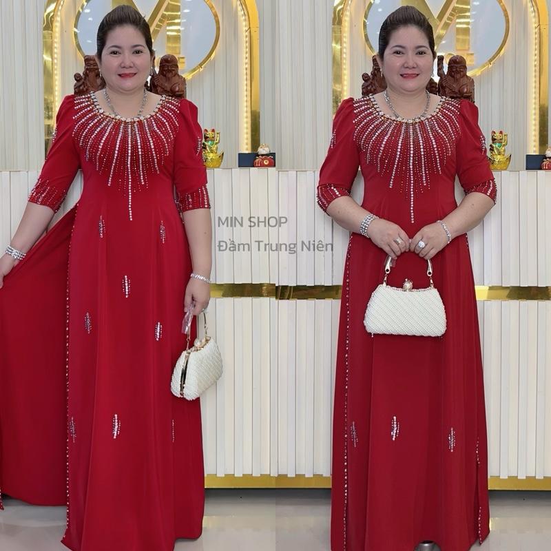  MIN SHOP - Áo dài quần rời trung niên tằm ý voan lụa cao cấp Nữ Voi Women Dress Sen cổ nữ hoàng 