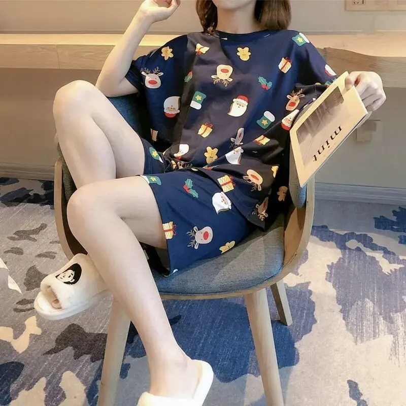 AKS Setelan baju tidur wanita dewasa bahan katun polyester model kaos lembut serap keringat celana lengan pendek motif karakter kartun lucu set piyama remaja perempuan jumbo kekinian terbaru korean style fit to XXL cocok untuk santai harian PY002 3