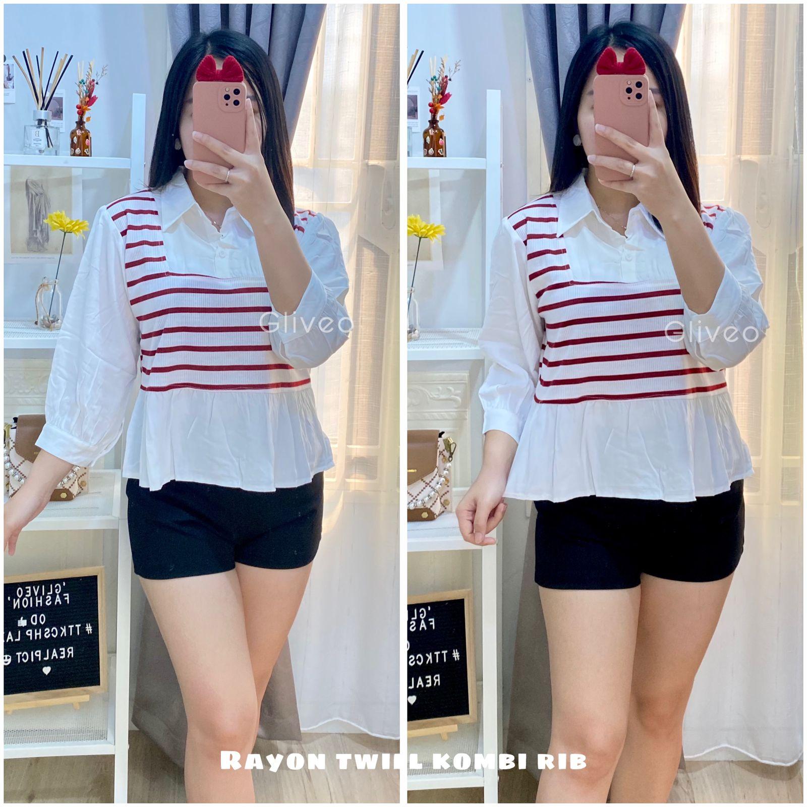 GLIVEO (COD) - KEMEJA KOMBI SALUR RAYON TWILL ADEM / KEMEJA SALUR WANITA LENGAN PANJANG/ ATASAN LENGAN PANJANG WANITA baju karya stripe