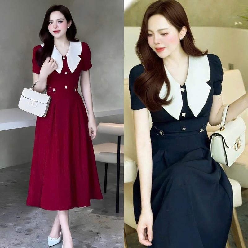 Váy Dự Tiệc Nữ Cổ V Phối Nút Hoa Vải Cotton Lạnh Cao Cấp Thanh Lịch Bigsize Từ 40 - 95Kg Thời Trang Nữ Béo Xinh Shop - A.1547