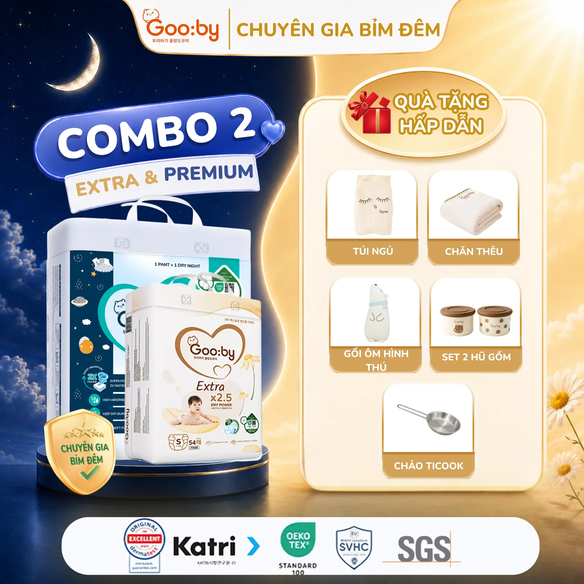 [Combo 2]Tã/bỉm Gooby Ngày/Đêm mềm mại, an toàn, siêu thấm hút size NB/S/M/L/XL/XXL/XXXL cho bé từ 4kg - 35kg[Daily]