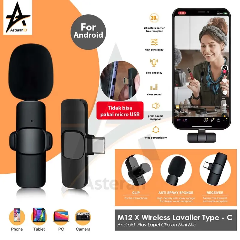 Microphone Wireless M12X TYPE-C Lapel MIC Clip On Vlog Smartphone Mic Wireless