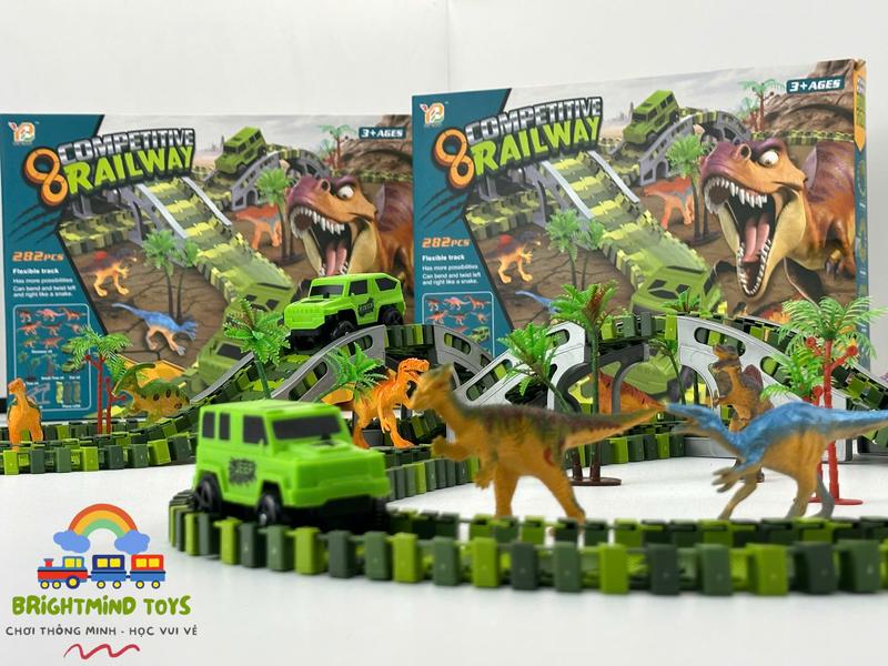 Đồ chơi xe đường ray khủng long cho bé trai bé gái bộ xe jeep chạy pin kèm đường ray uốn dẻo sáng tạo cầu vượt mô hình lắp ráp thông minh kèm cây xanh và nhiều con khủng long giúp trẻ phát triển tư duy!!