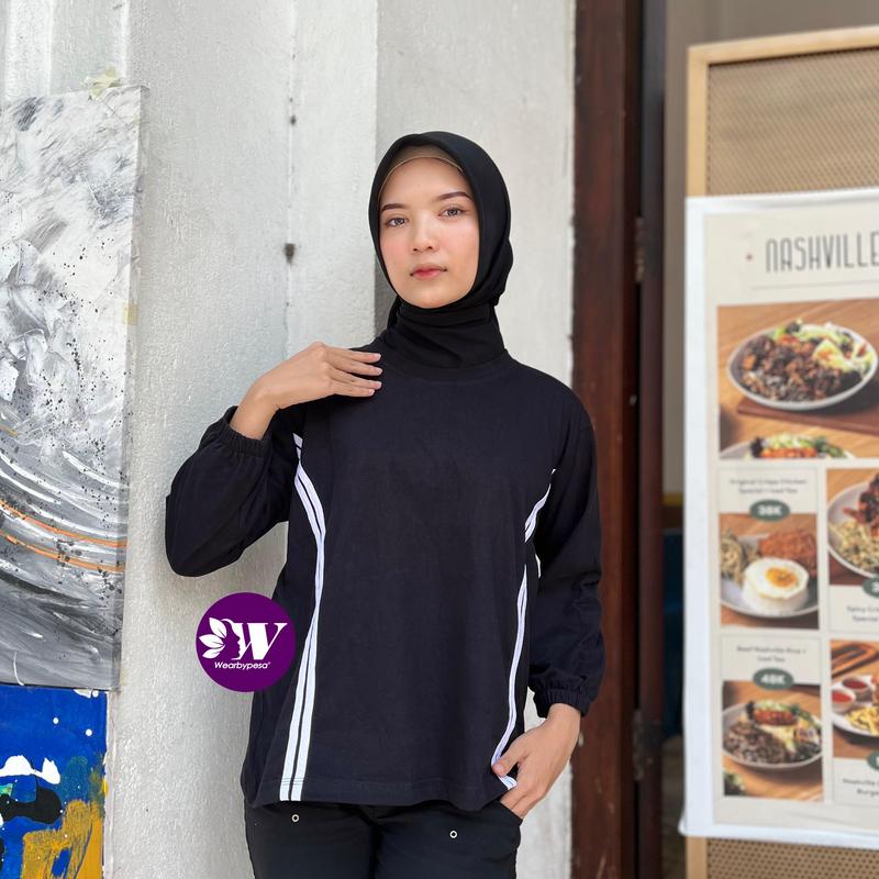 Kaos Blouse Strip Samping  Atasan Wanita Terbaru Sporty Lengan Panjang Karet Katun Kombed Premium Casual 4