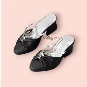Sandal Anak Perempuan Pesta Hak 3cm Motif Pita SILVER-GLOSSY Selop Sol Karet Anti Licin Fashion