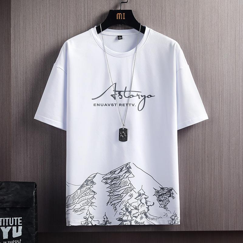 Short-Sleeved T-shirt Suit Men's Summer New Snow Mountain Printing Fashion Trendy Slim Fit Large Size Sports Two-Piece Suit 2