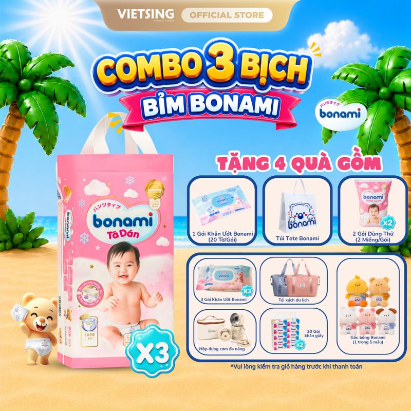 Combo 3 Bịch Bỉm Bonami Siêu Thấm Hút Mềm Mại An Toàn Cho Bé Từ 2kg-35kg Đủ Size NB-4XL
