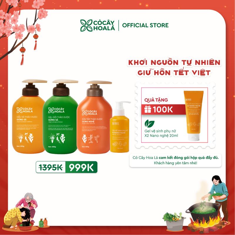  COMBO DỊU NHẸ BÊN MẸ  Combo gội xả Gừng Sả 500g  Combo & Sữa Tắm Gừng Nghệ 500g & Dung Dịch Vệ Sinh X2 Nano Nghệ 150ml Cỏ Cây Hoa Lá - Tặng Gel x2 Nano nghệ mini 20ml 