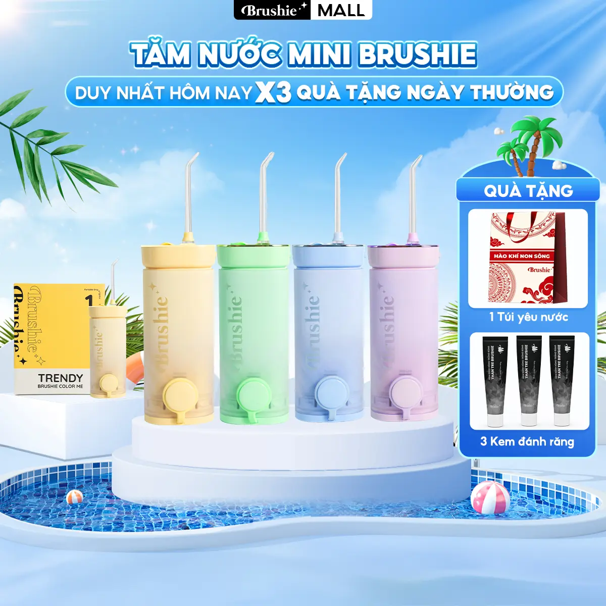 [ƯU ĐÃI SỐC] Tăm nước Brushie Thập sắc Phiên bản Pro - 10 màu sắc cá tính nhỏ gọn, tiện lợi hỗ trợ làm sạch hiệu quả [BẢO HÀNH 1000 NGÀY] - tặng túi kháng chiến + combo 3 kem đánh răng
