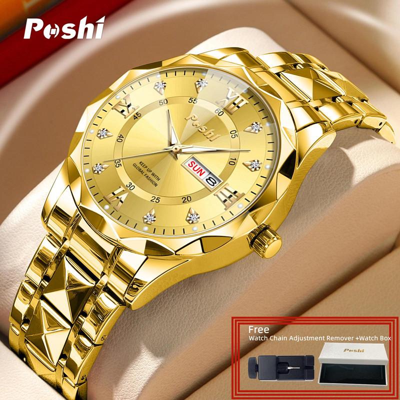 Đồng Hồ Nam, POSHI, Không Thấm Nước, Thiết Kế Kim Cương Thời Trang, Đồng Hồ Doanh Nhân Thạch Anh Sang Trọng, Dạ Quang Ban Đêm, Lịch Đôi, Thích Hợp Cho Nam, Mua 1 Đồng Hồ Tặng Hộp Và Bộ Điều Chỉnh Miễn Phí