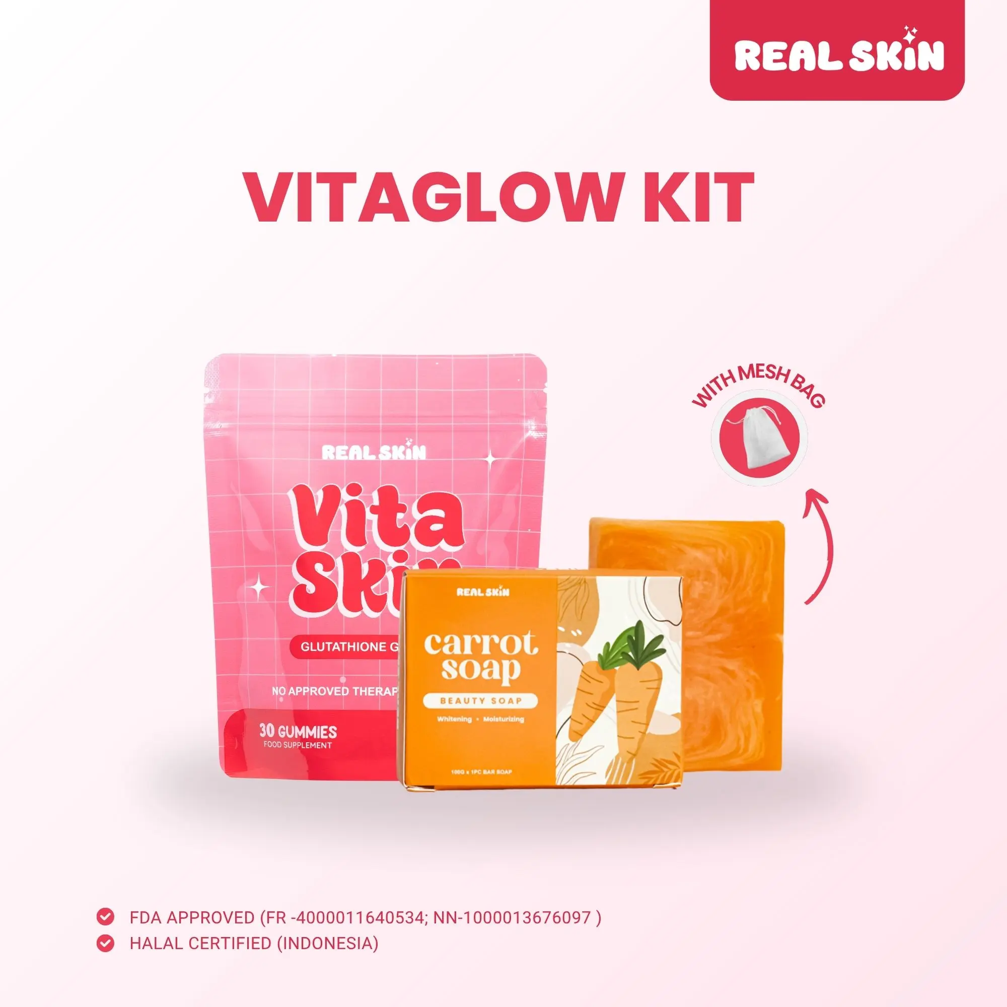 Real Skin Vita Glow Kit - VitaSkin Glutathione Gummies , Vitamin C Collagen & Carrot Soap Gentle Skin Real Skin Vita Glow Kit - VitaSkin Glutathione Gummies , Vitamin C Collagen & Carrot Soap Gentle Skin