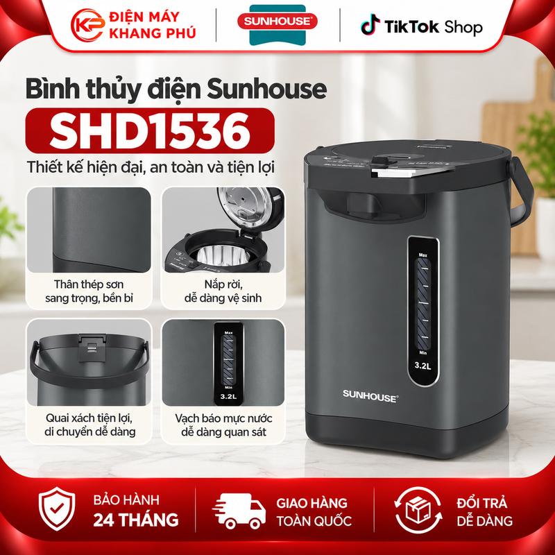 Bình thủy điện Sunhouse SHD1536, Công suất 730W, Dung tích 3.2 Lít, Bảo hành 12 tháng