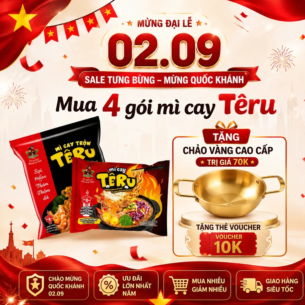 [LIVE] Combo 4 gói Mì Cay Teru Tặng Chảo Vàng  Tặng 5 gói ớt độ