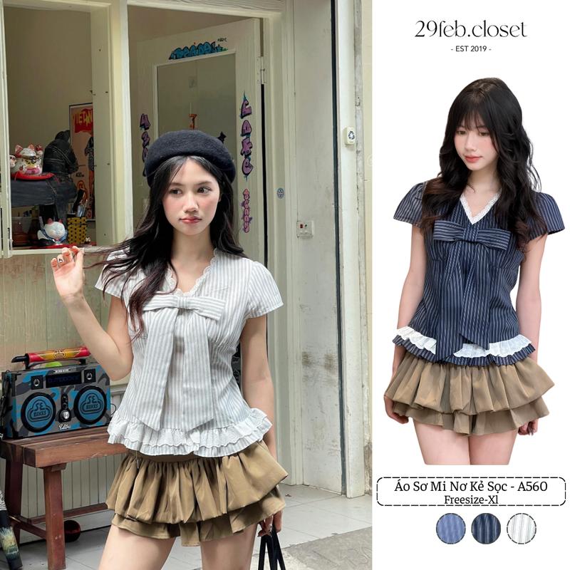 Áo sơ mi kẻ sọc cổ tim phối ren kèm nơ, Áo kiểu bèo gấu dễ thương thời trang hè - 29feb.closet - A560