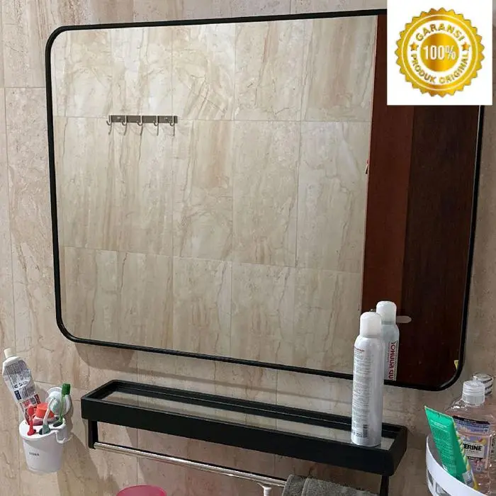 PREMIUM Cermin Kaca Kamar Mandi Kotak Persegi Vertikal/Horizontal Bathroom Sherving Dengan Rak Ambalan Gantungan Handuk 60x80 Cm - Black