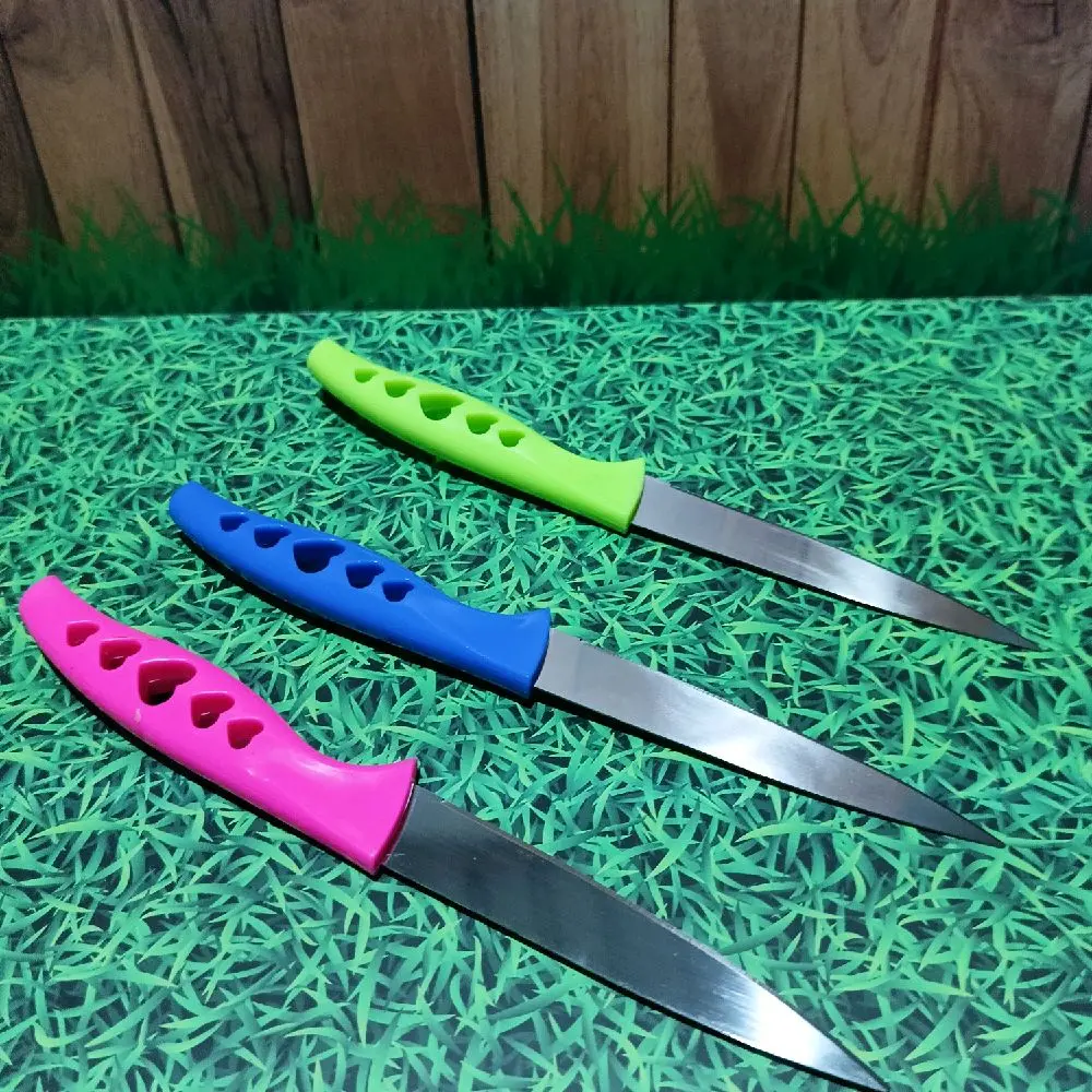 3pcs Pisau Buah Sayur Dapur Bahan Stainless Gagang Plastik Panjang 23cm Warna Warni untuk Kebutuhan Dapur Anda