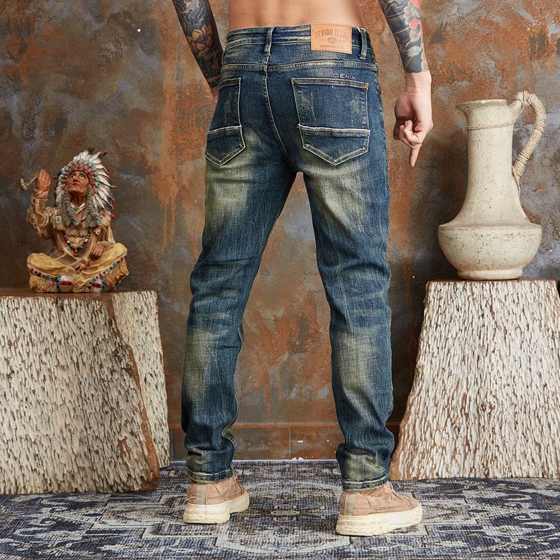 Mã 985.​​​​​​​​​​​​​​​​​ Quần Jean Nam, Dáng Ôm, Denim Co Giãn, Màu Xanh Wash Đồng và Rêu, Phong Cách Bụi Bặm Menswear Pants Có Túi