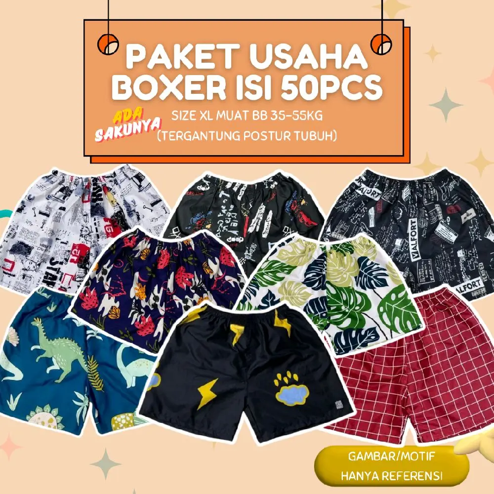 Paket Usaha Celana Boxer XL 50pcs - Paket Ushaa Celana Pendek Bahan Katun soft Disperse Polimicro grade A