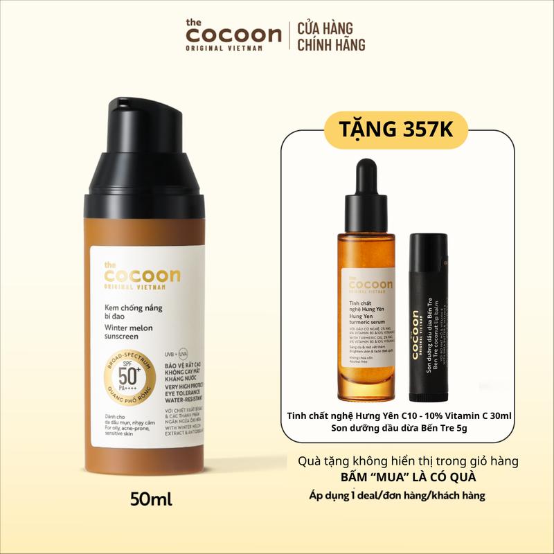 CHẢNH COMBO MUA 1 NHẬN 3 Kem chống nắng bí đao quang phổ rộng SPF 50 + PA ++++ Cocoon 50ml Tặng 1 Tinh chất nghệ Hưng Yên C10 - 10% Vitamin C 30ml + 1 Son dưỡng dầu dừa Bến Tre 5g