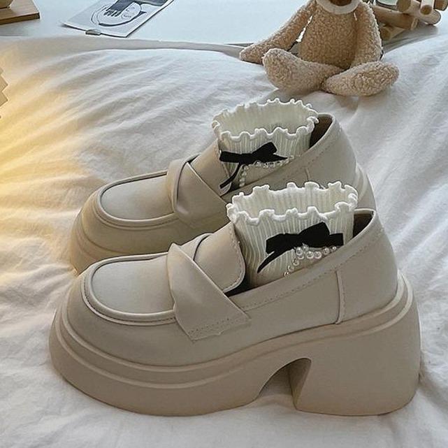 Giày Mary Jane, JINxCHOY, Phong Cách Hàn Quốc, Mũi Tròn, Miệng Trung Bình Đế Nêm, Da PU, Dễ Phối Đồ, Dòng Sen, Đế Dày, Giày Lười Cao, Giày Đi Làm Màu Đen, Giá Bán Buôn, SS24