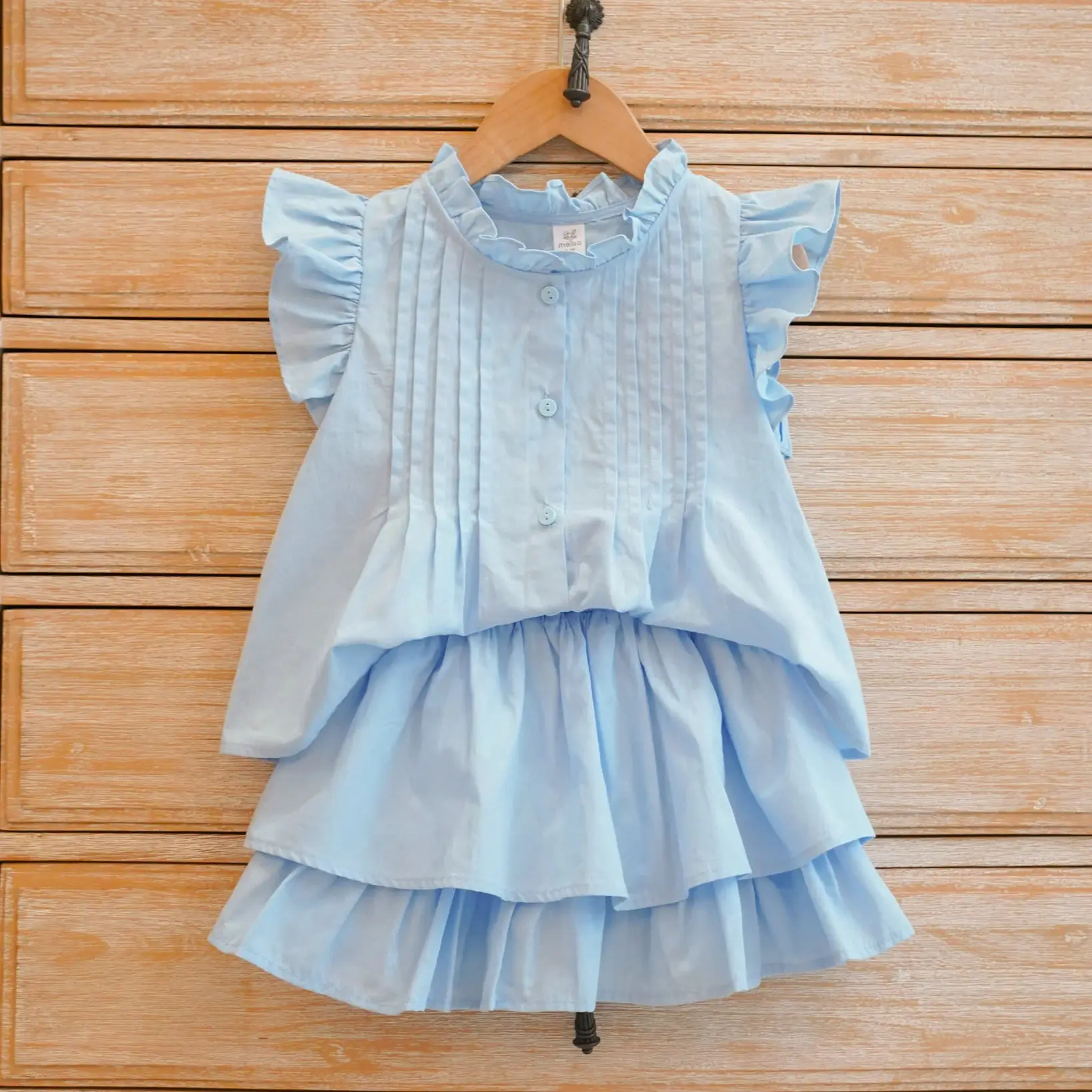 Mã S15: (20kg - 50kg) Set áo cổ và tay bèo chất cotton kèm chân váy chất cotton lạnh 2 tầng cho bé gái