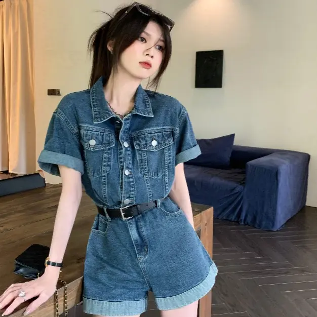 Selebriti Internet Retro Denim Tooling Lengan Pendek Jumpsuit Celana Pendek Wanita Celana Pinggang Lebar Baru