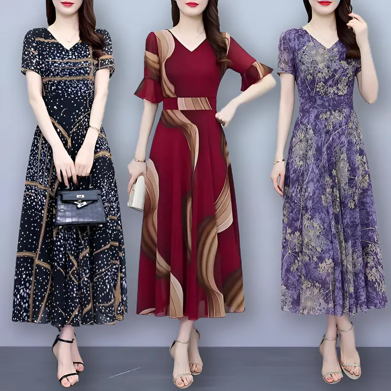 gaun sifon Korea baru mode gaun ukuran besar/Dress panjang/Dress korean style Casual Wanita Pendek Motif Baju Katun Polkadot 0