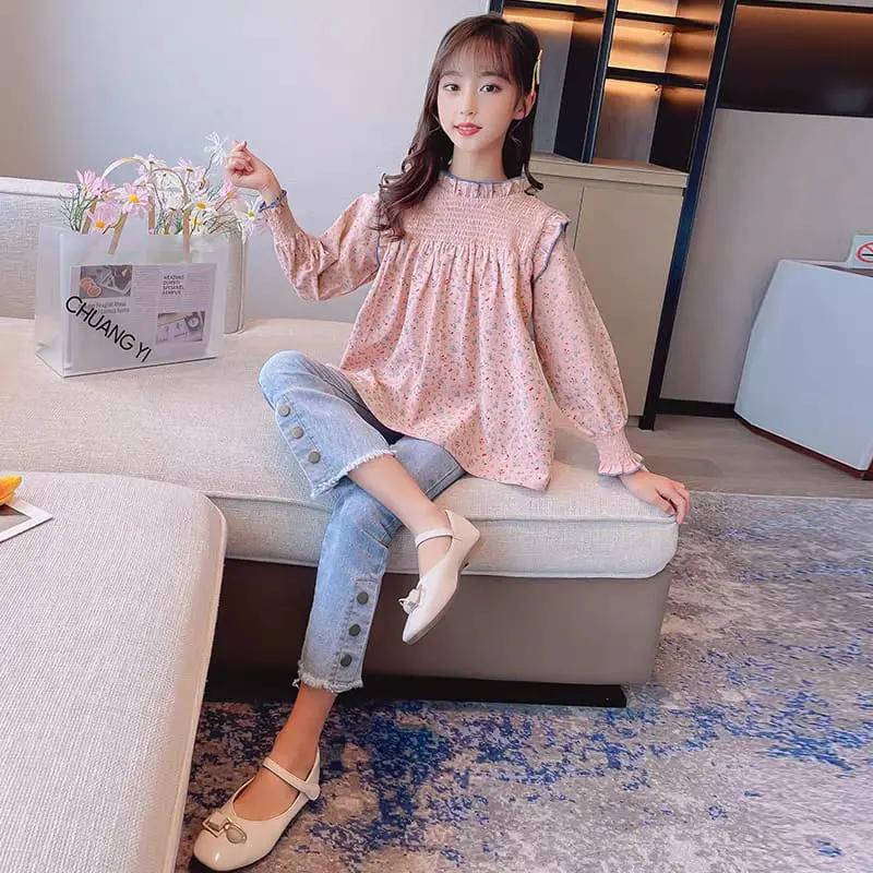 Setelan Baju Anak Perempuan Tanggung Blouse Bunga Kekinian Cantik Celana